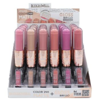 Présentoir de 24 (1,36€ pièce) : Gloss coloré DUO MATTE 24H.