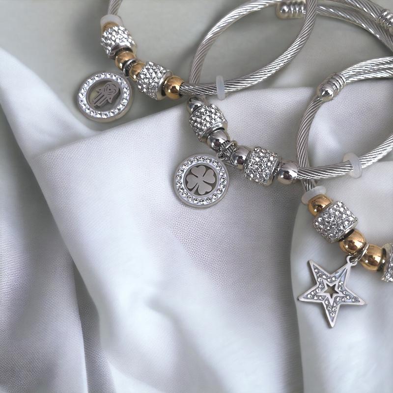 lot de bracelet à strass Lot de 5 (2,20€ pièce) : Bracelets Torsadés avec breloque en Acier Inoxydable – Image 2