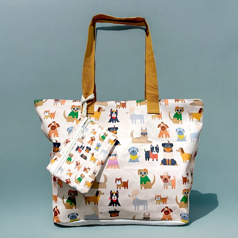 sac de plage motifs chien Mélange de 5 Couleurs (soit 3,95€) Grand Sac à Main + Porte Monnaie - Motifs Chiens – Image 1
