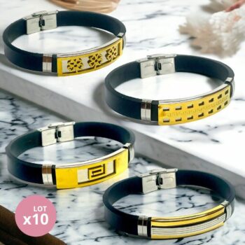 Lot de 10 (1,80€ unité) : Mélange De Bracelets homme Dorés et simili cuir noir
