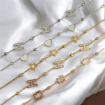 Lot de 12 (1,95€ Pièce) : Bracelet doré et argenté Motifs Lettres/Coeurs/Etoiles - Acier Inoxydable