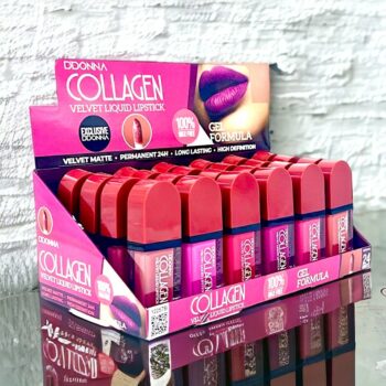 Présentoir de 24 (1,12€ pièce) : Rouge à lèvres liquide COLLAGEN VELVET MATTE 24H.