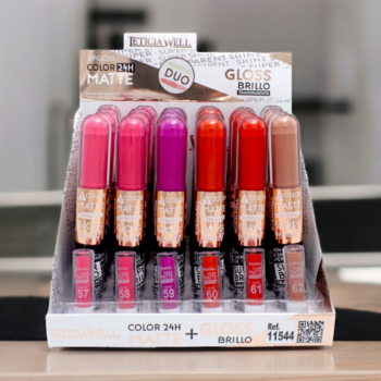 Présentoir de 24 (1,35€ pièce) : Lip Gloss Duo - Couleur Mat + Gloss Glow 24H
