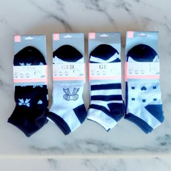 Paquet de 24 (soit 0,39€ la paire) : Chaussettes Courtes Femme à Motifs - Noir et Blanc