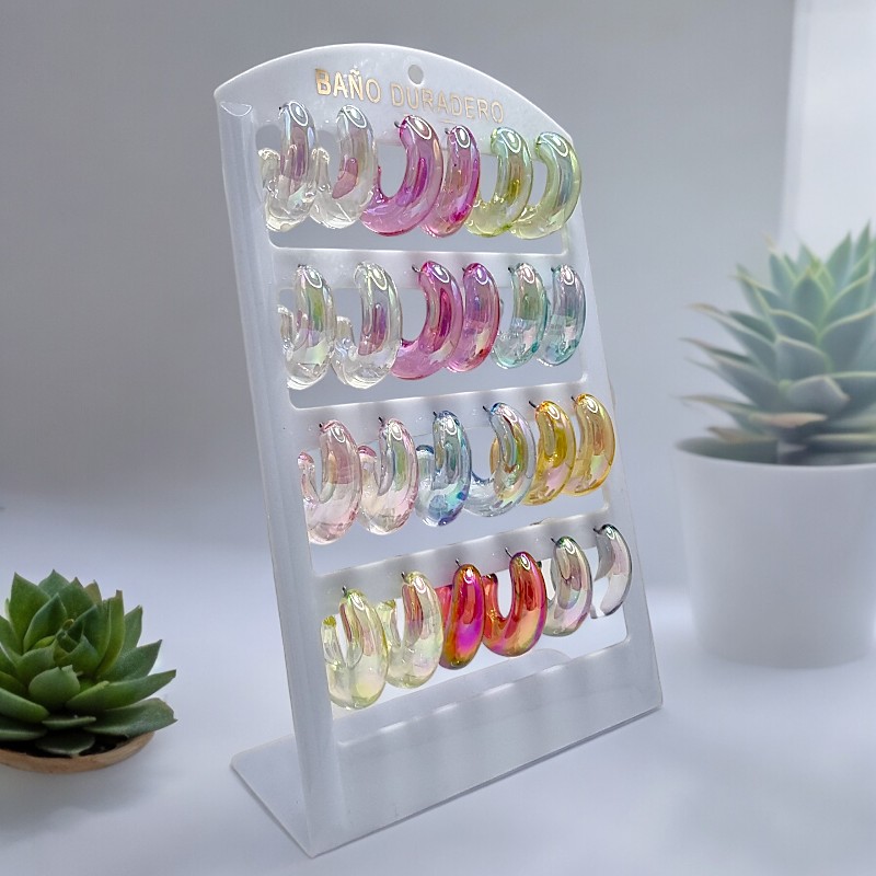 grossiste en présentoir de boucles d'oreille translucide 1 Présentoir de 12 paires (soit 0,95€ la paire) : Boucles d'oreilles "Acidulées" différents coloris – Image 1