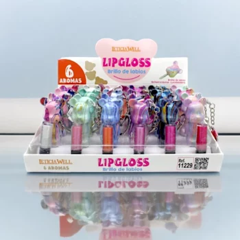 Présentoir de 24 (1,38€ pièce) : Gloss à Lèvres 6 Arômes – Packaging en Forme d'Ourson Porte-clés