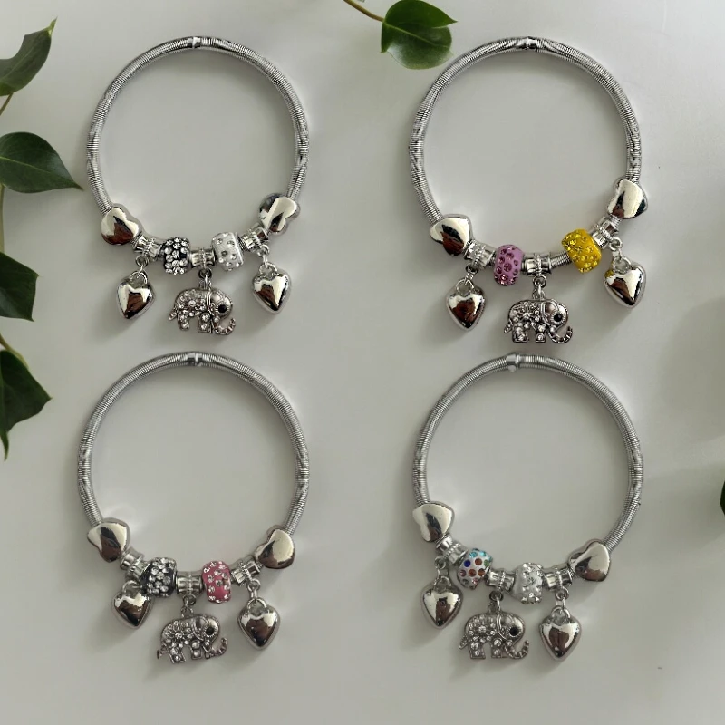 01 bracelet éléphan avec perle et strass grossiste distribution 1 Mélange de 12 (0,90€ unité) : Bracelet Éléphant Argenté, Grosses Perles – Image 1