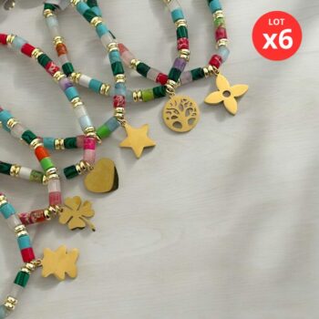 Lot de 6 (1€ unité) : Bracelet Doré Avec Perles & Breloques – Acier Inoxydable