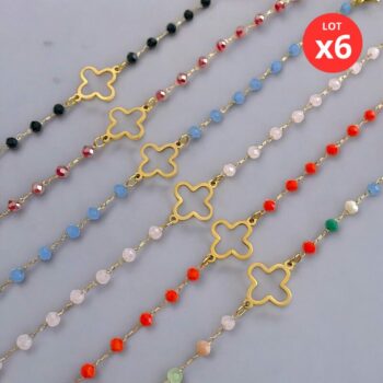Lot de 6 (2,10€ unité) : Bracelet Doré Avec Perles & Breloques Trèfle – Acier Inoxydable