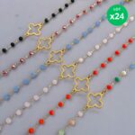 Lot de 24 (1,60€ unité) : Bracelet Doré Avec Perles & Breloques Trèfle – Acier Inoxydable