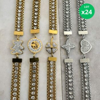 Lot de 24 (1,60€ unité) : Bracelet Doré Et Argenté Avec Strass – Acier Inoxydable