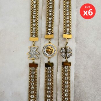 Lot de 6 (2,10€ unité) : Bracelet Doré Avec Strass – Acier Inoxydable