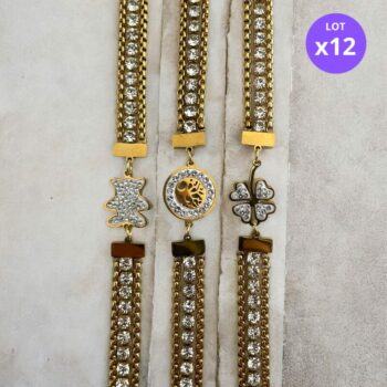 Lot de 12 (1,80€ unité) : Bracelet Doré Avec Strass – Acier Inoxydable