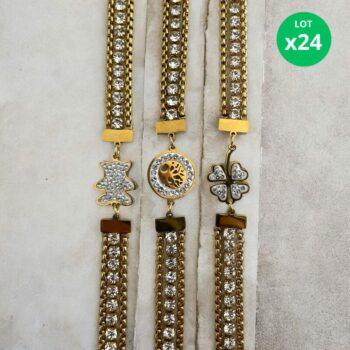 Lot de 24 (1,60€ unité) : Bracelet Doré Avec Strass – Acier Inoxydable