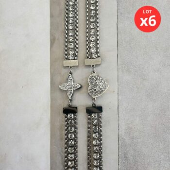 Lot de 6 (2,10€ unité) : Bracelet Argenté Avec Strass – Acier Inoxydable