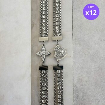 Lot de 12 (1,80€ unité) : Bracelet Argenté Avec Strass – Acier Inoxydable