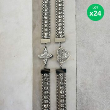 Lot de 24 (1,60€ unité) : Bracelet Argenté Avec Strass – Acier Inoxydable