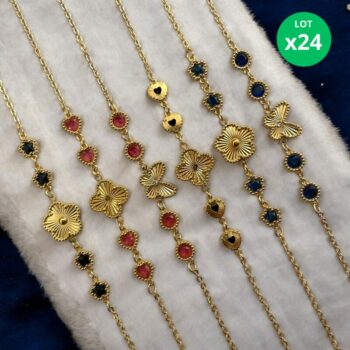 Lot de 24 (1,60€ unité) : Bracelet Doré Avec Perles & Breloques – Acier Inoxydable