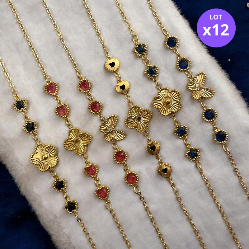 38 Lot de 12 (1,80€ unité) : Bracelet Doré Avec Perles & Breloques – Acier Inoxydable – Image 1