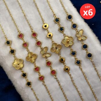Lot de 6 (2,10€ unité) : Bracelet Doré Avec Perles & Breloques – Acier Inoxydable