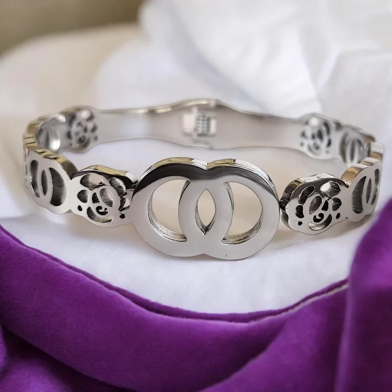 Bracelet Argenté Rigide Acier Inoxydable - Double Cercles & Fleurs