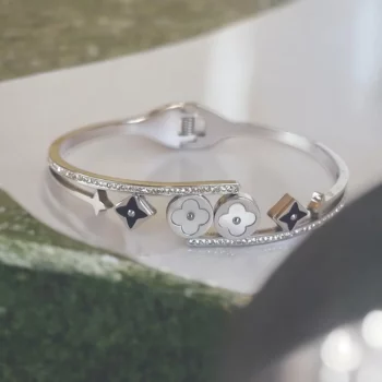 Bracelet Argenté Rigide Acier Inoxydable - Trèfles noires, Etoiles blanches & Strass