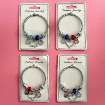 Mélange de 12 (0,90€ unité) : Bracelet Coeur Argenté, Grosses Perles – Image 2