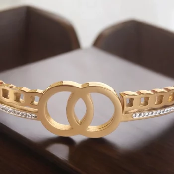 Bracelet Doré Rigide Acier Inoxydable - Double Cercles & Strass – Image 2