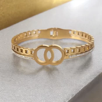 Bracelet Doré Rigide Acier Inoxydable - Double Cercles & Strass