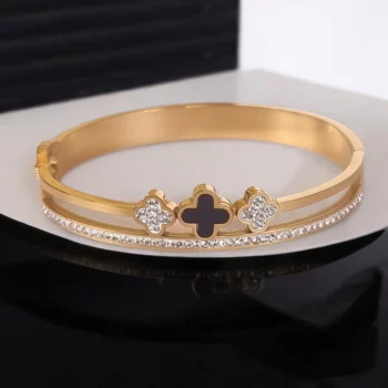 Bracelet Doré Rigide Acier Inoxydable - 3 Trèfles & Strass