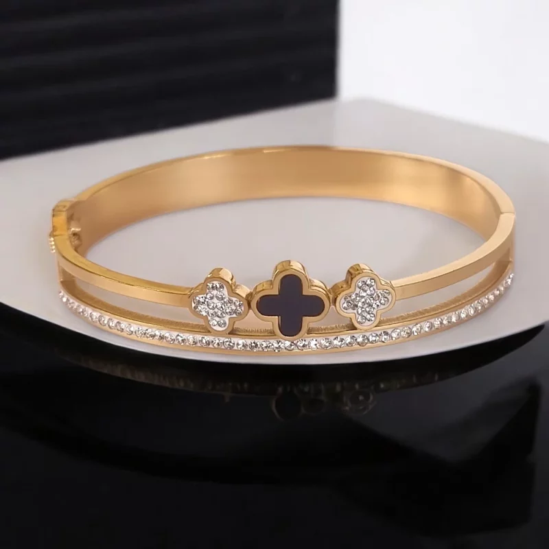 Bracelet Doré Rigide Acier Inoxydable - 3 Trèfles & Strass