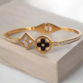 Bracelet Doré Rigide Acier Inoxydable - Etoile & Trèfle Strass