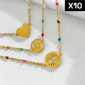 Lot de 10 (1,60€ unité) : Colliers Dorés Avec Perles et Pendentif - Assortiment De Pendentifs Différents