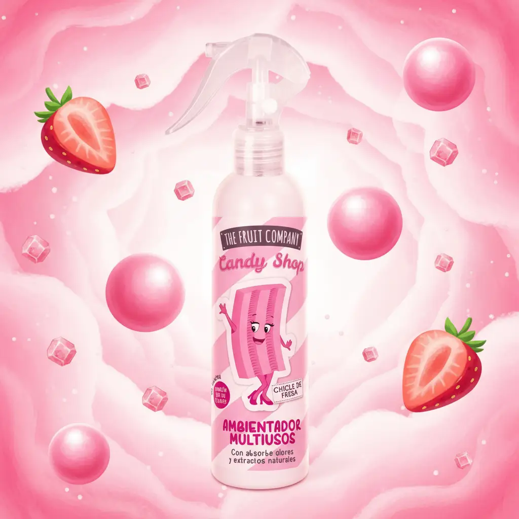 grossiste spray gourmand the fruit company (4) A Partir de 1,50€ Prix Dégressif : Spray désodorisant multi-usage Chewing-Gum aux Fraises - The Fruit Company – Image 1