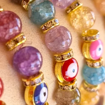 Lot de 12 (0,75€ unité) : Bracelet ŒIL Coloré Avec Perles Translucides & Strass – Mélange de Couleurs – Image 4