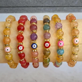 Lot de 12 (0,75€ unité) : Bracelet ŒIL Coloré Avec Perles Translucides & Strass – Mélange de Couleurs