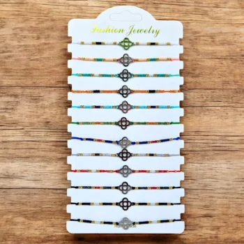 Lot de 12 (0.50€ unité) : Bracelet Fil & Perle coloré avec Bijou Argenté FLEUR