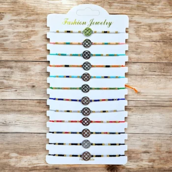 Lot de 12 (0.50€ unité) : Bracelet Fil & Perle coloré avec Bijou Argenté FLEUR & CERCLE