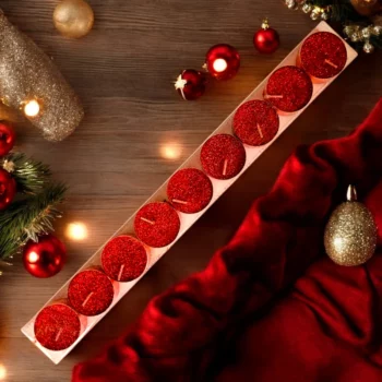 Paquet de 9 Bougies plates rouges avec paillettes de Noël