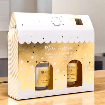 Coffret cadeau Maison de Noël Dorée MAKE A WISH Mikado & Bougie Cannelle Orange - La Casa de los Aromas