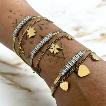 Lot de 12 (1,70€ unité) : Bracelet Doré & Strass - Acier Inoxydable - Bon Mélange