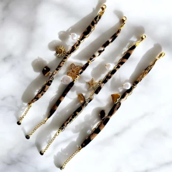 Lot de 12 (1,80€ unité) : Bracelet Doré & Tissu - Acier Inoxydable - Bon Mélange