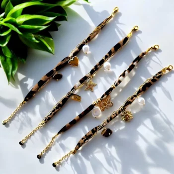 Lot de 6 (1,90€ unité) : Bracelet Doré & Tissu - Acier Inoxydable - Bon Mélange