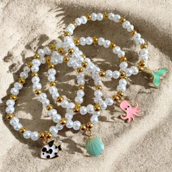 Lot de 8 (1,50€ Pièce) : Bracelets en Perles Nacrées avec Motifs Poisson et Coquillage