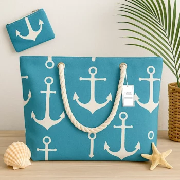 Mélange de 6 (soit 3,75€) Sacs de Plage avec Porte-Monnaie GROSSES ANCRES MARINES - Couleurs Assorties