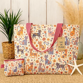 Mélange de 6 (soit 3,75€) Sacs de Plage avec Porte-Monnaie CHATS - Couleurs Assorties – Image 3