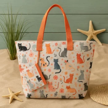 Mélange de 6 (soit 3,75€) Sacs de Plage avec Porte-Monnaie CHATS - Couleurs Assorties