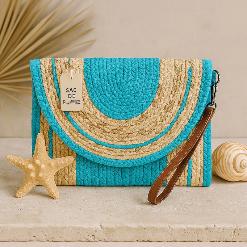 sac en rafia bleue prix grossiste Sac à Main en Raphia Naturel BEIGE & BLEU – Modèle Élégant à Rabat Demi-Lune – Image 1