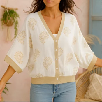 Lot de 3 (Soit 3.80€ Pièce) Top-Gilet 4 boutons Manches 3/4 larges Motif Paisley doré - MADE IN ITALY