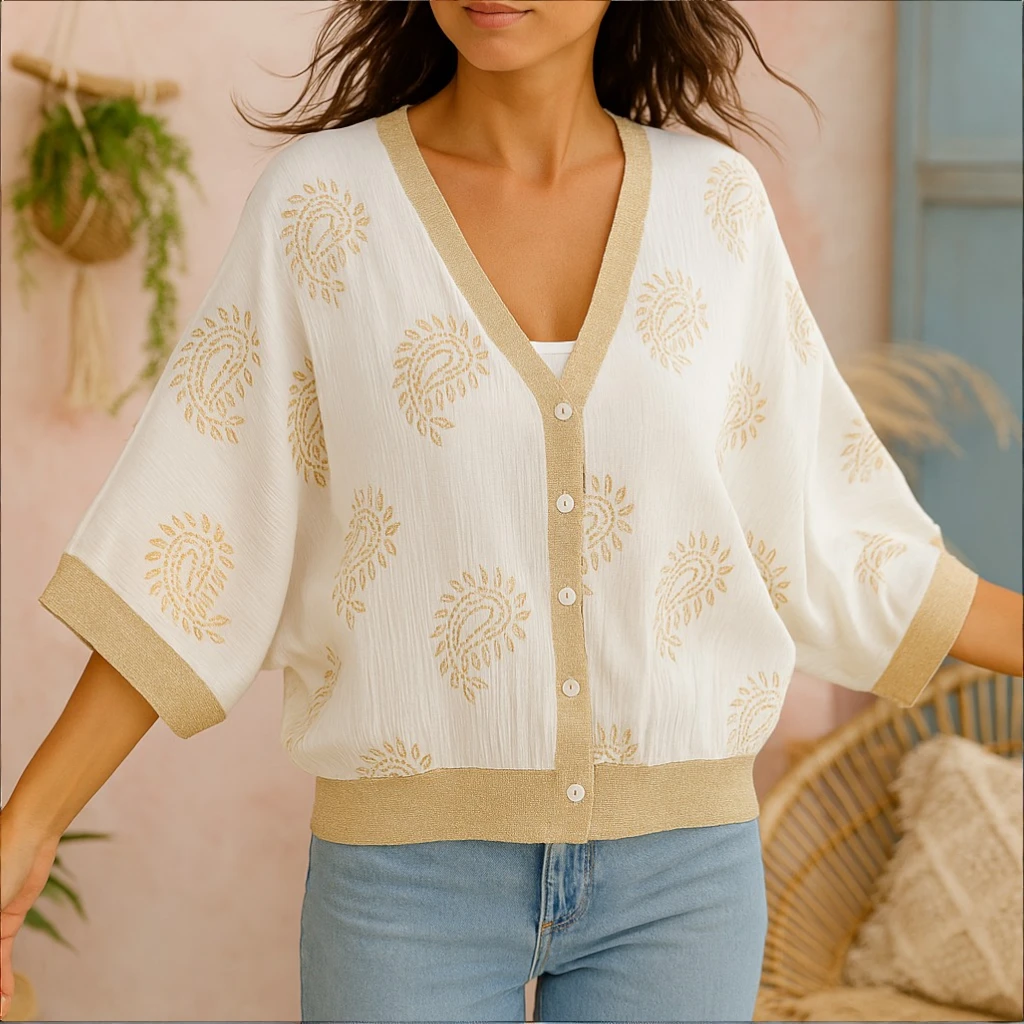 gilet italien en gros 2 Lot de 3 (Soit 3.80€ Pièce) Top-Gilet 4 boutons Manches 3/4 larges Motif Paisley doré - MADE IN ITALY – Image 1